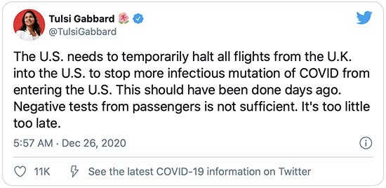 Tulsi called to halt flights from UK to US during pandemic